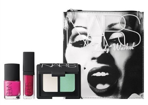 Beautiful Darling set contains Candy Darling Nail Polish, Femme Fatale Duo Eyeshadow and Woman in Revolt Larger Than Life Lip Gloss in a makeup bag with an image of Darling, one of Warhol's muses, shot by Nat Finkelstein.